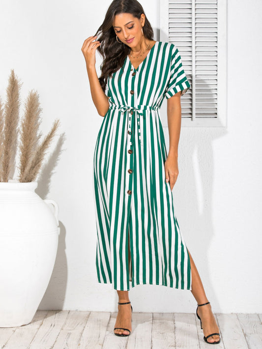 Striped Button Through Drawstring Waist Split Thigh Dress