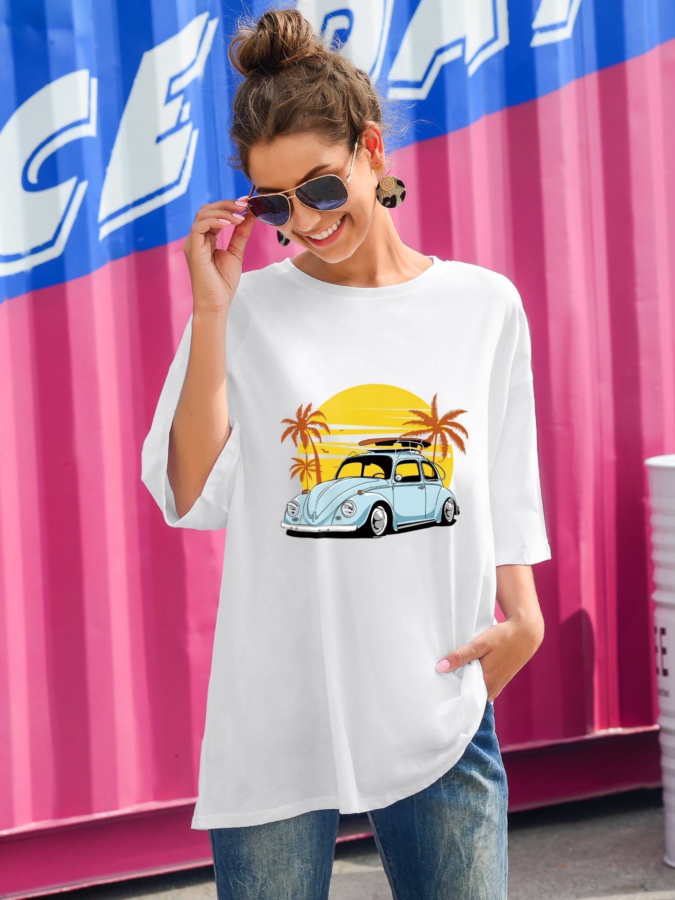 Car Print Drop Shoulder Oversized Tee