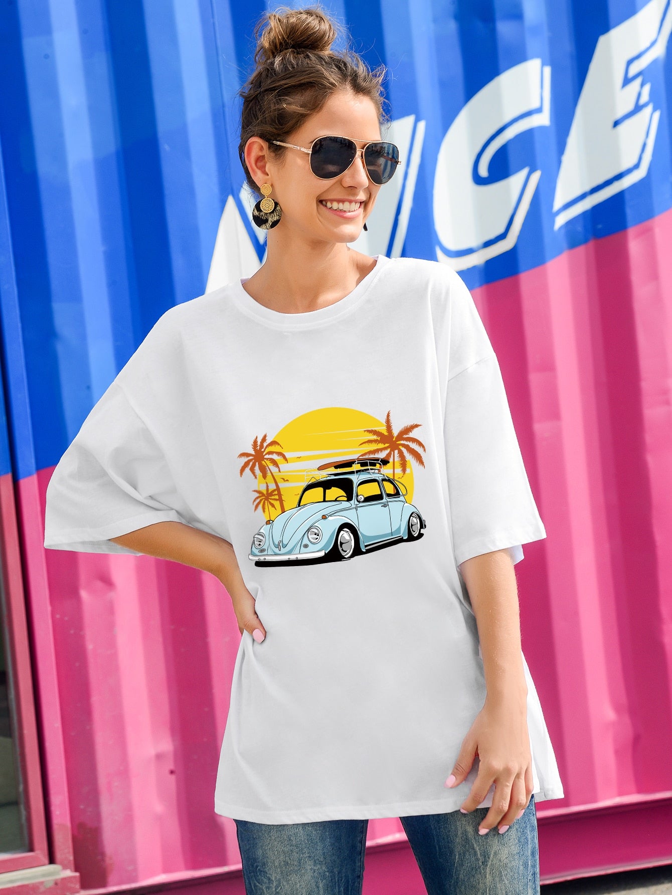 Car Print Drop Shoulder Oversized Tee