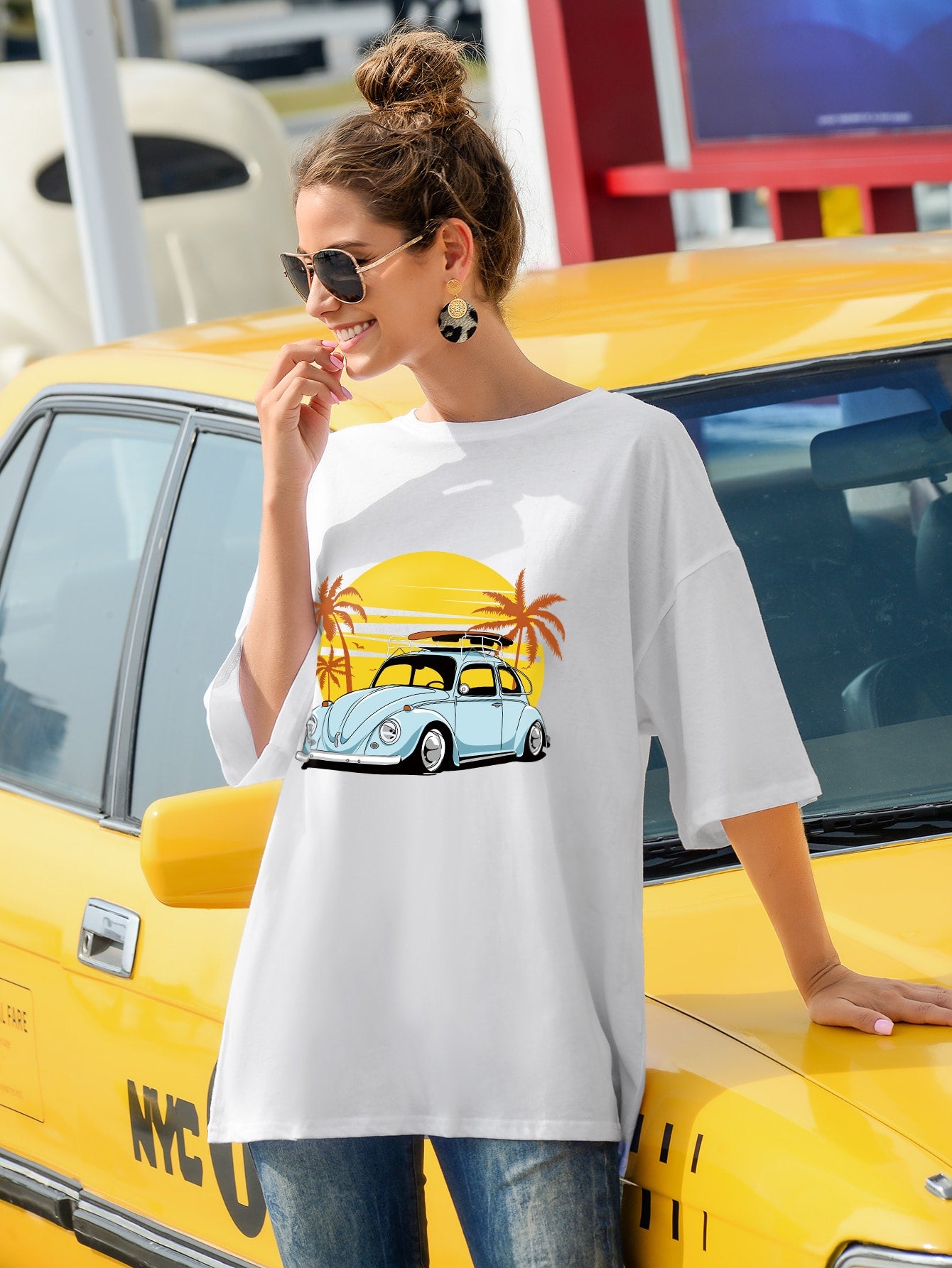 Car Print Drop Shoulder Oversized Tee