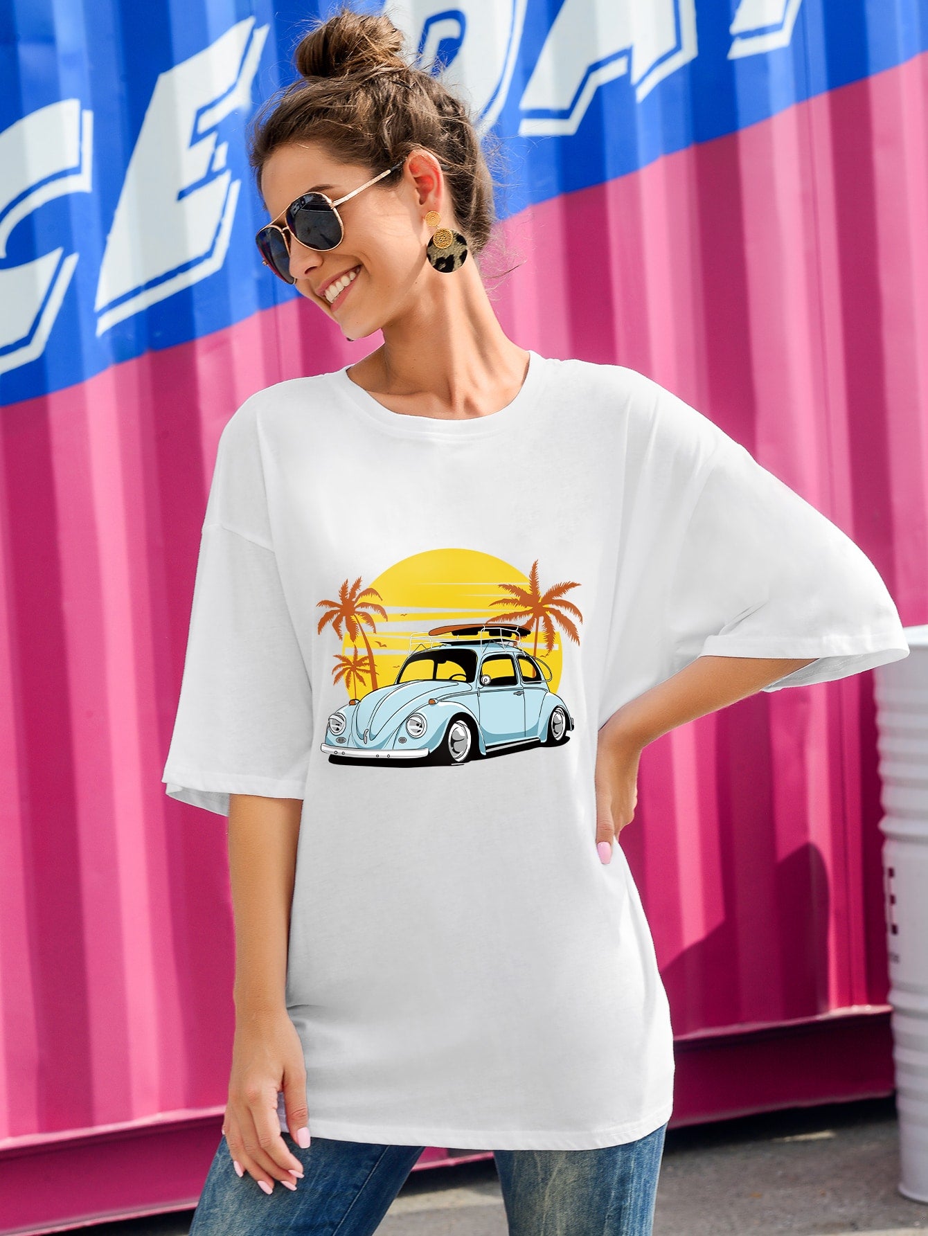 Car Print Drop Shoulder Oversized Tee