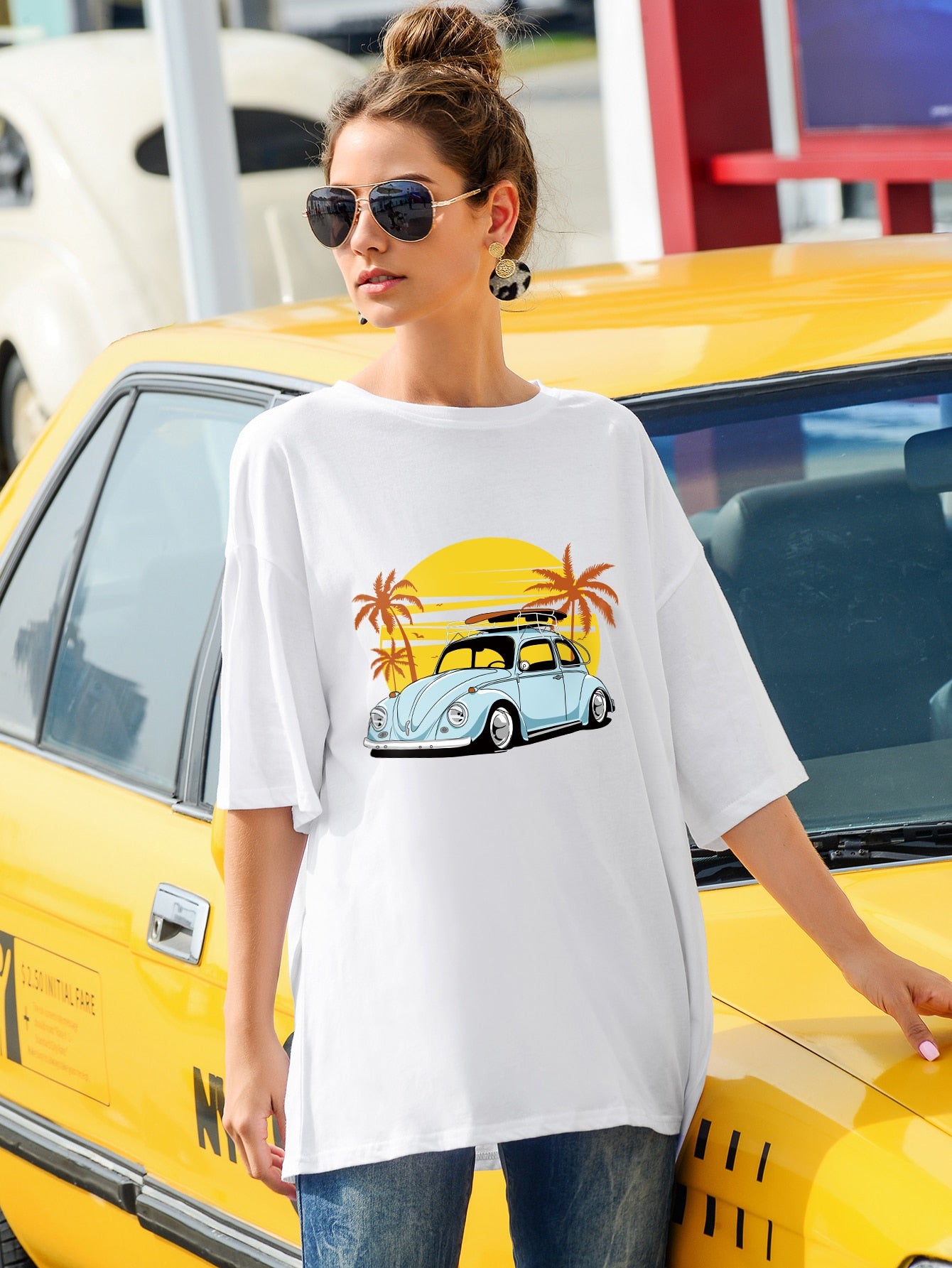 Car Print Drop Shoulder Oversized Tee