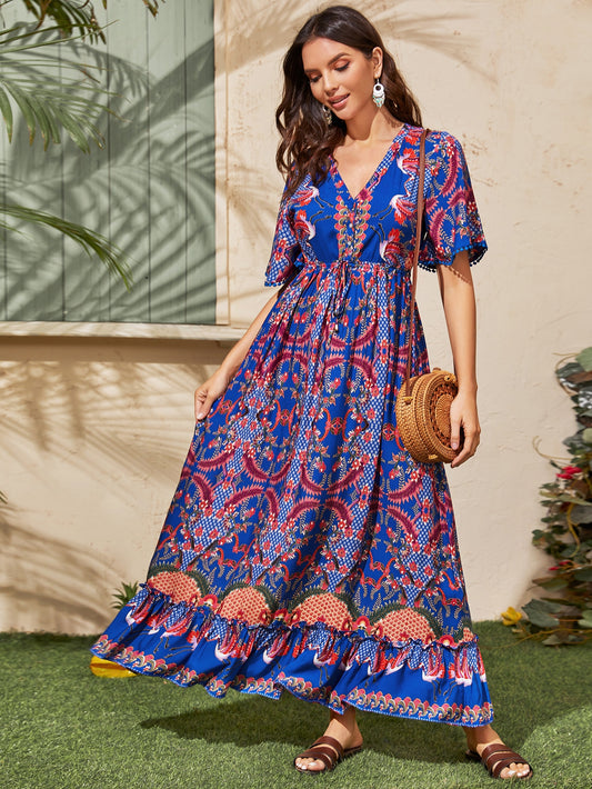 Floral & Tribal Print Frill A-line Dress