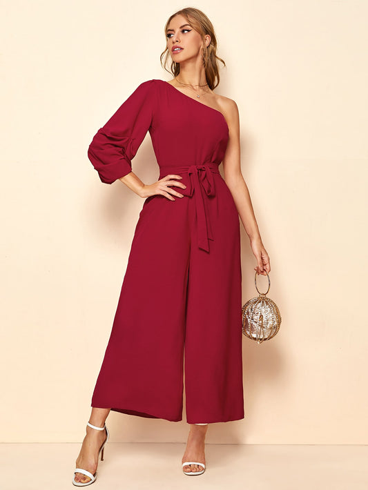 One Shoulder Gathered Sleeve Belted Palazzo Jumpsuit