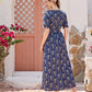Allover Floral Print Frill Trim Belted Dress