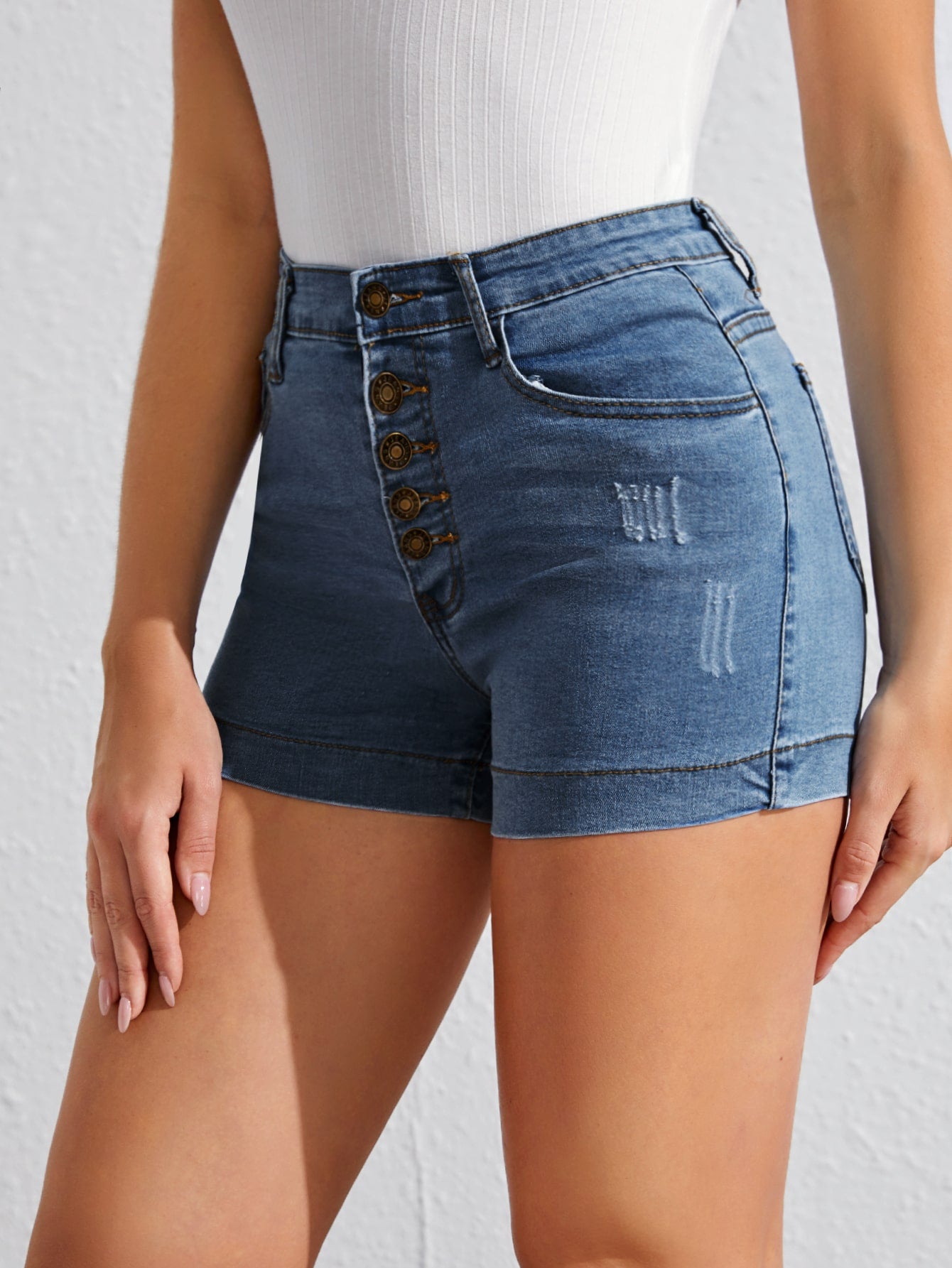 Ripped Button Fly Denim Shorts Without Belt