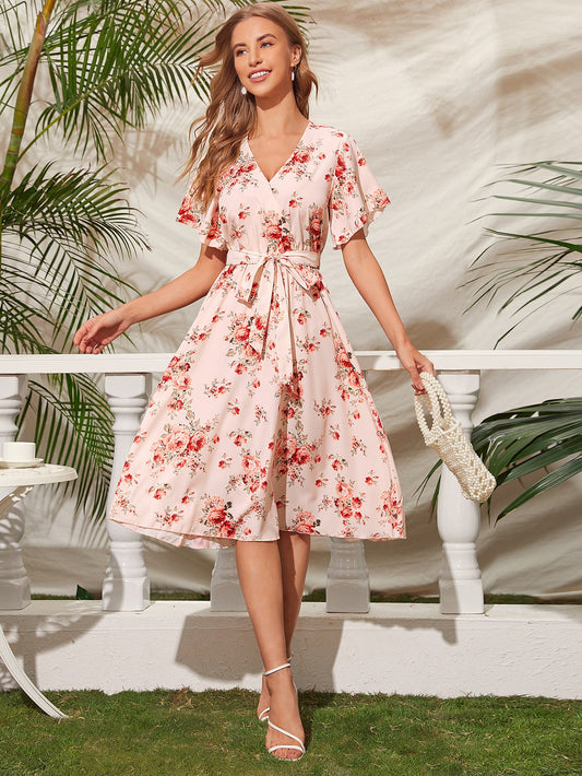 Surplice Neck Flutter Sleeve Self Belted Dress