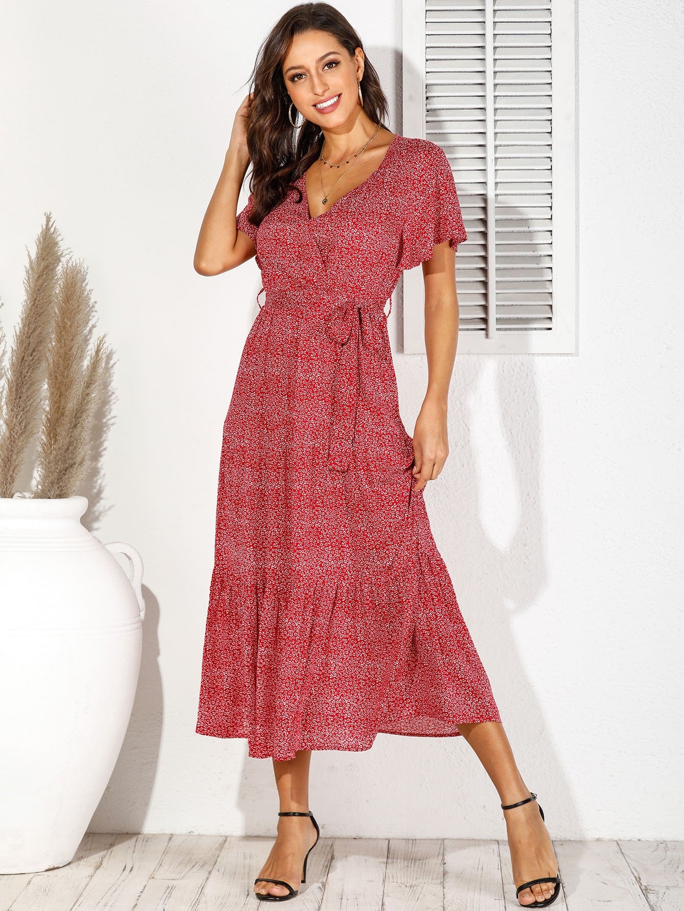 Ditsy Floral Print Surplice Belted Dress