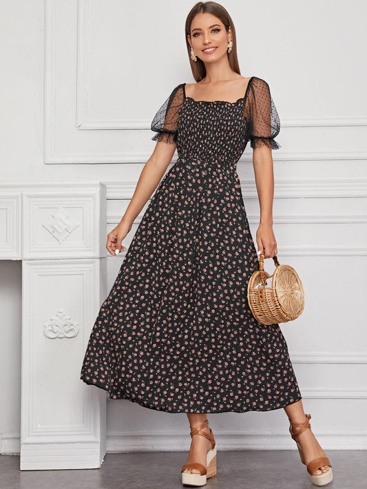 Ditsy Floral Print Shirred Detail Dobby Mesh Dress