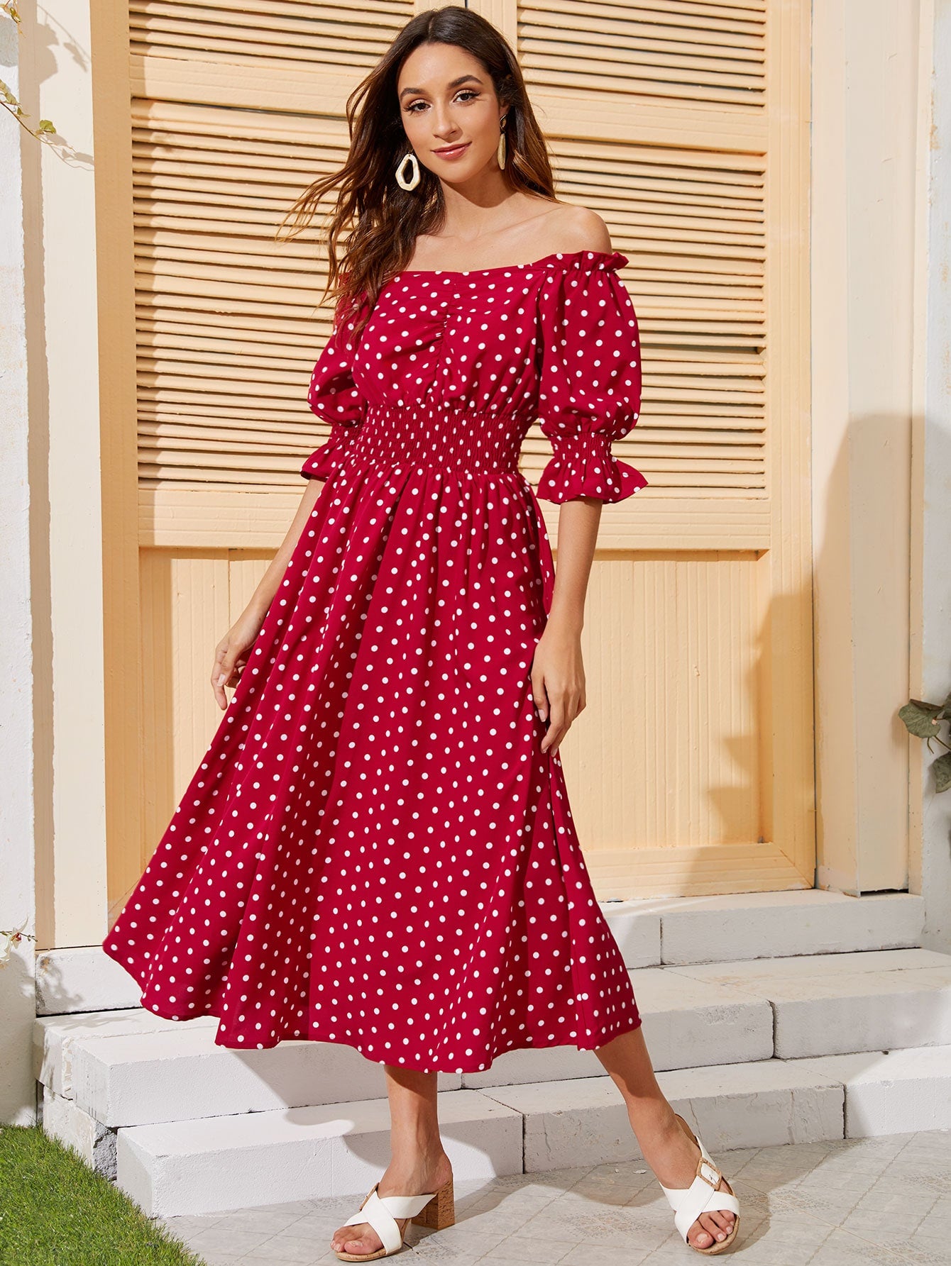 Red polka dot deals bardot dress