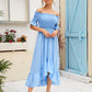 Asymmetrical Ruffle Hem Shirred Bodice Bardot Dress