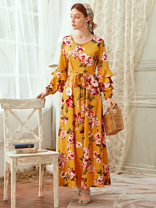 Ruffle Trim Floral Print Belted Maxi Dress