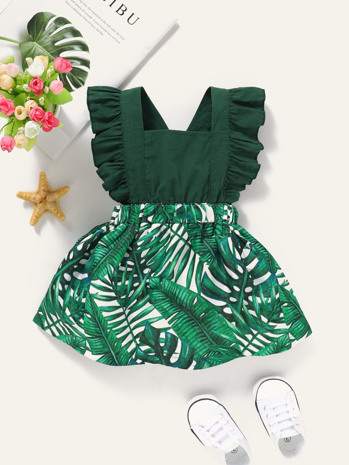 Baby Girl Tropical Print Ruffle Overall Dress