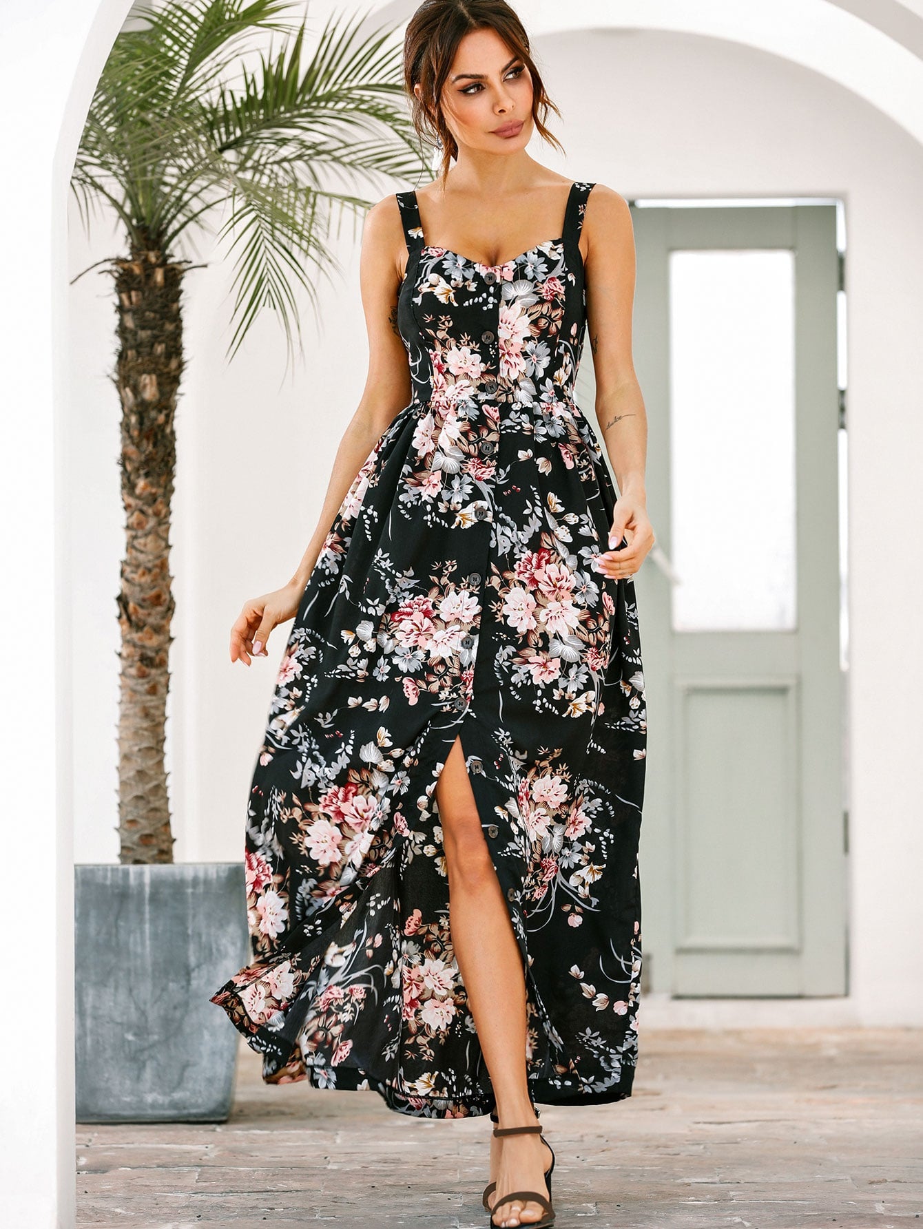 Floral Print Split Thigh Cami Dress