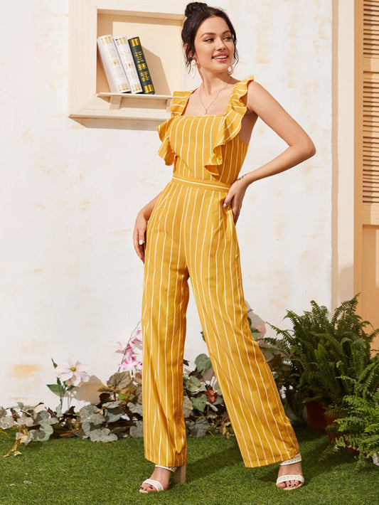 Criss Cross Tie Back Ruffle Trim Striped Jumpsuit