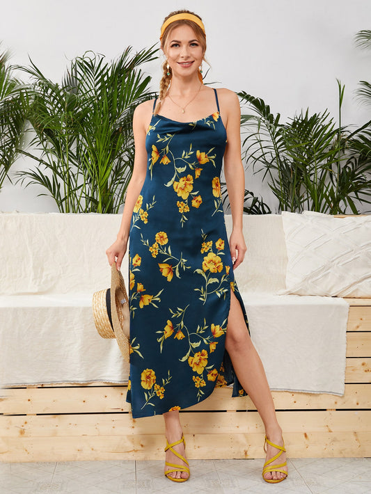 Cowl Neck Floral Satin Slit Hem Dress