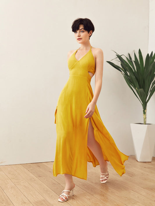 Tie Backless Split Thigh Halter Dress