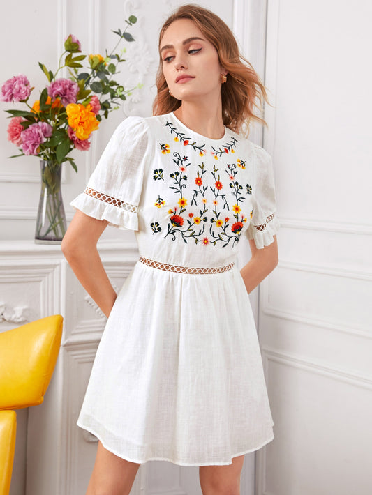 Floral Embroidered Lace Trim Dress