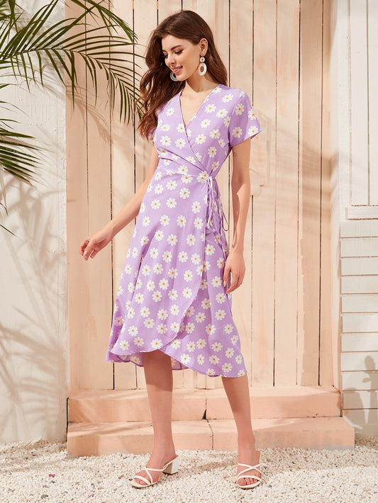 Floral Print Side Knot Wrap Dress