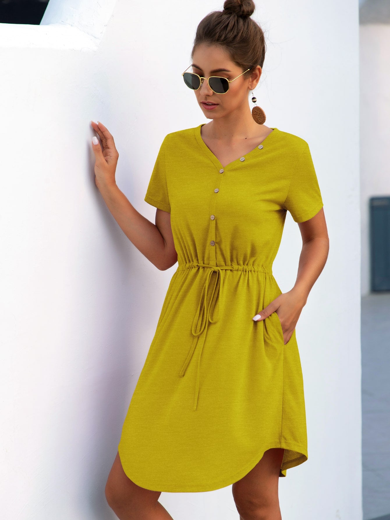 Button Front Curved Hem Drawstring Dress