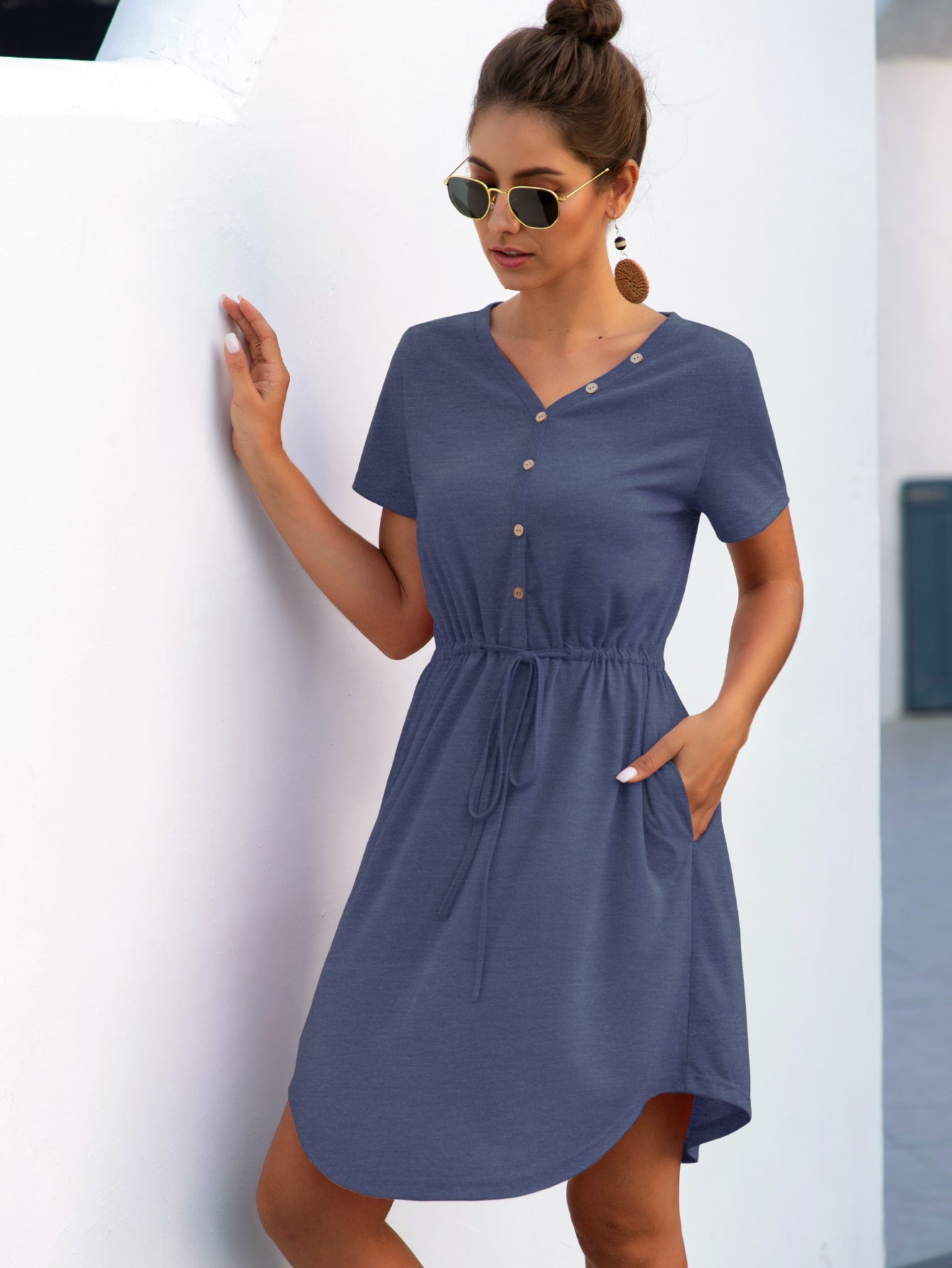 Button Front Curved Hem Drawstring Dress