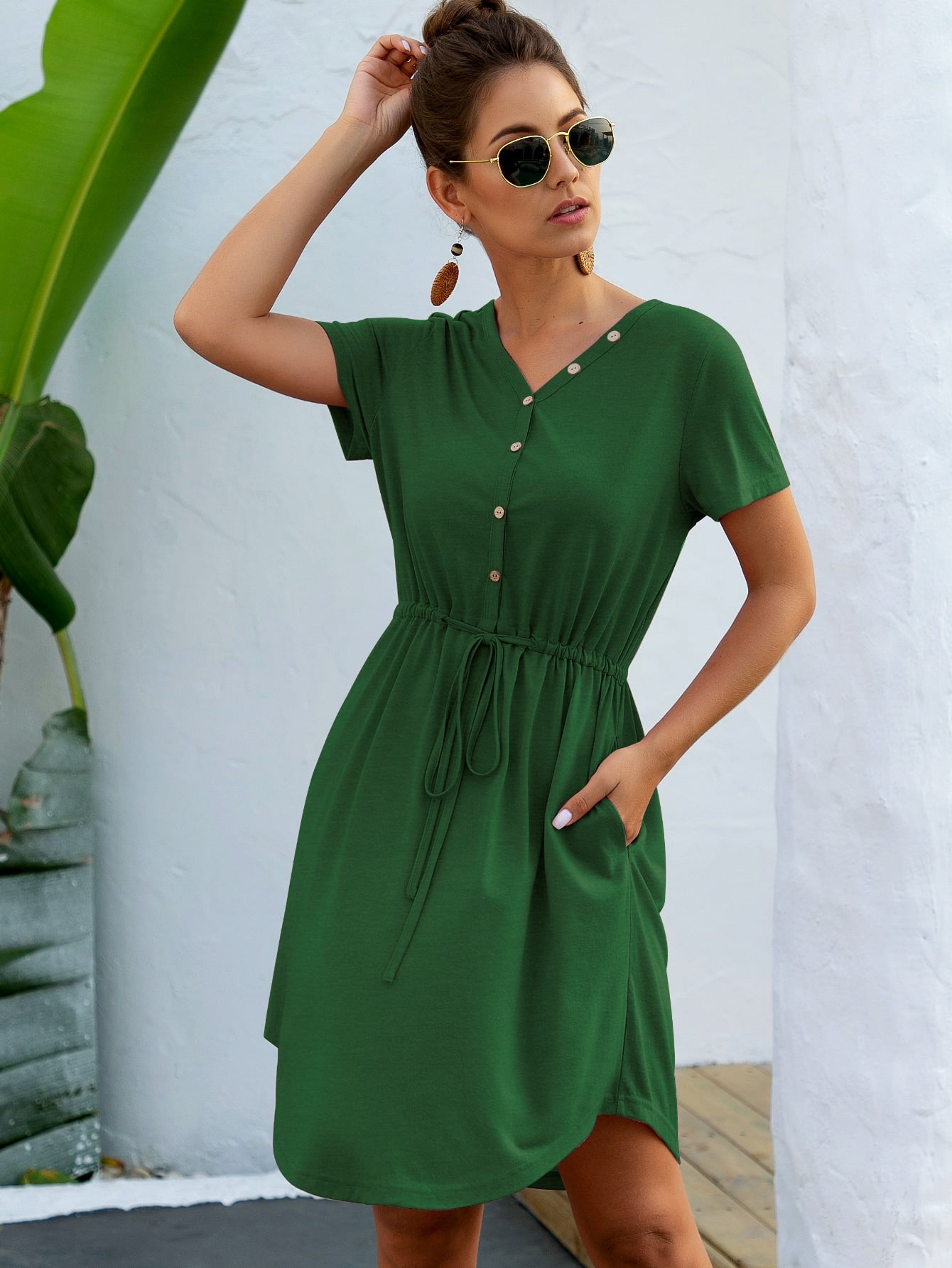 Button Front Curved Hem Drawstring Dress