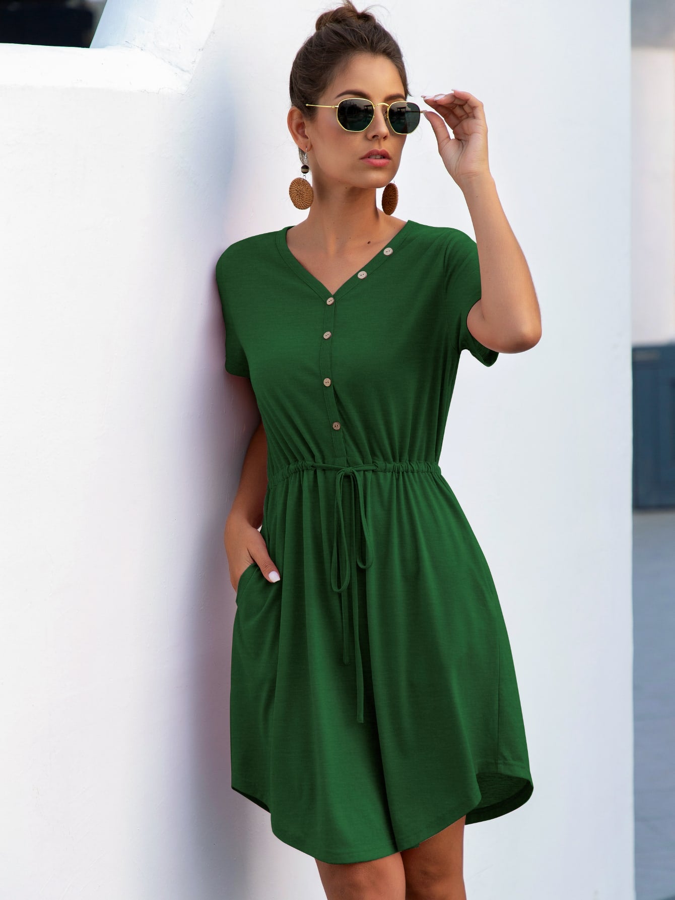 Button Front Curved Hem Drawstring Dress