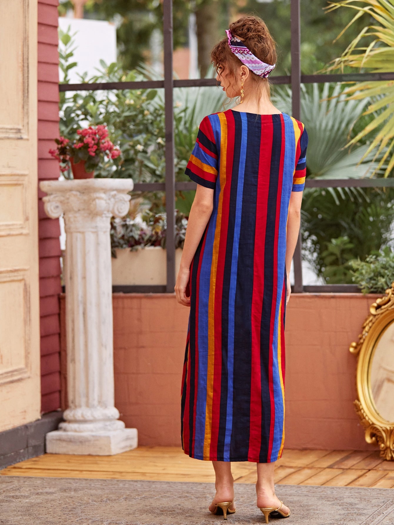 Colorful Stripe Short Sleeve Tunic Dress