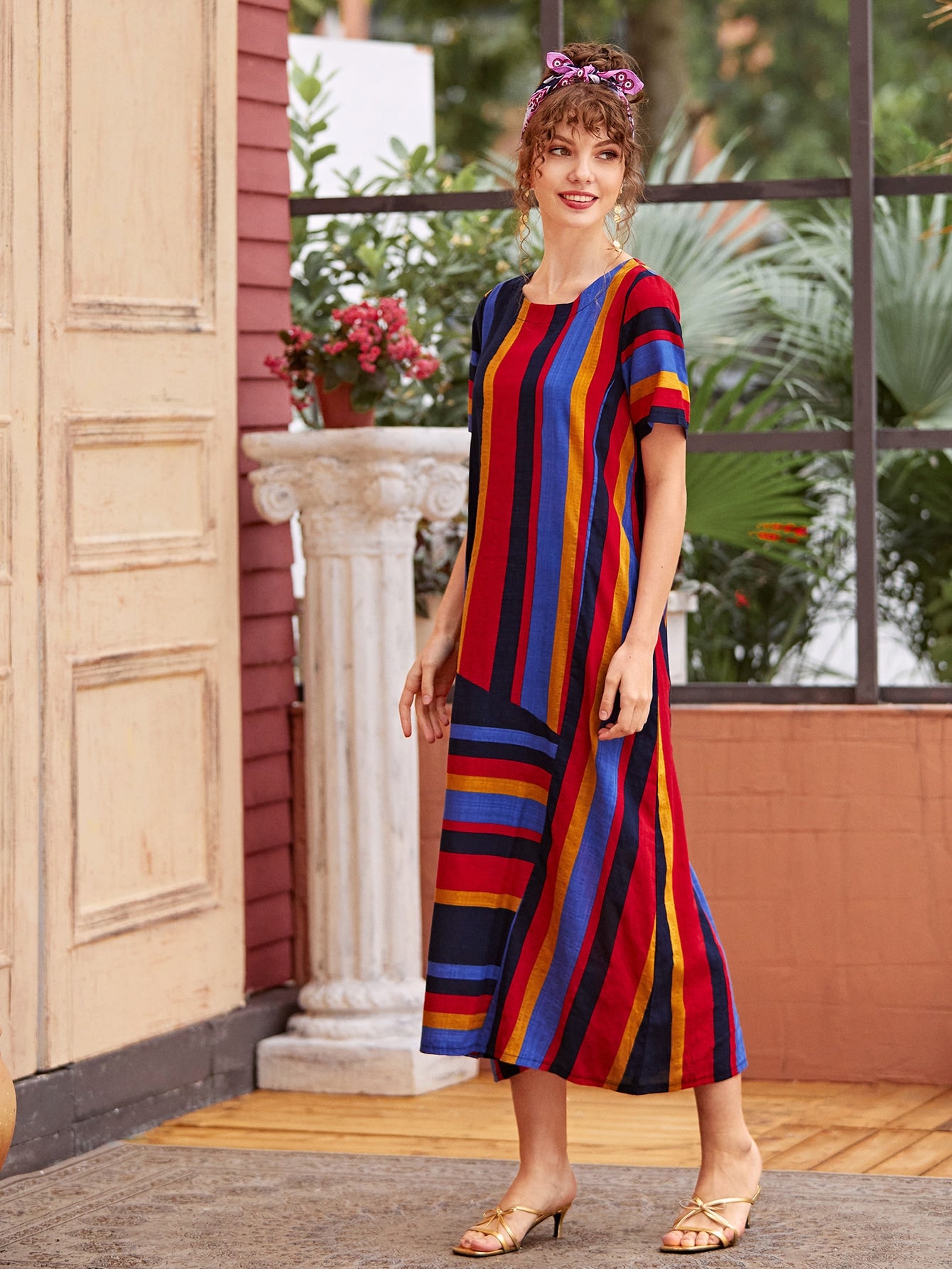 Colorful Stripe Short Sleeve Tunic Dress