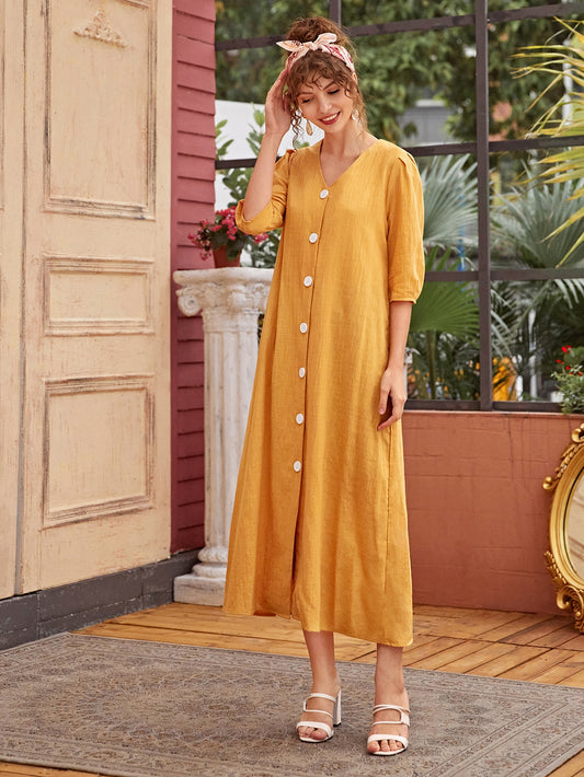 V Neck Puff Sleeve Tunic Dress