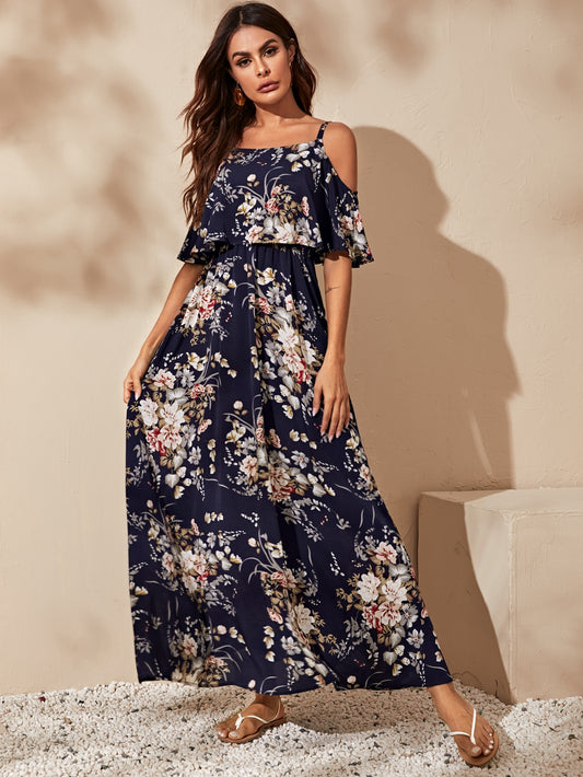 Cold Shoulder Floral Print Maxi Dress