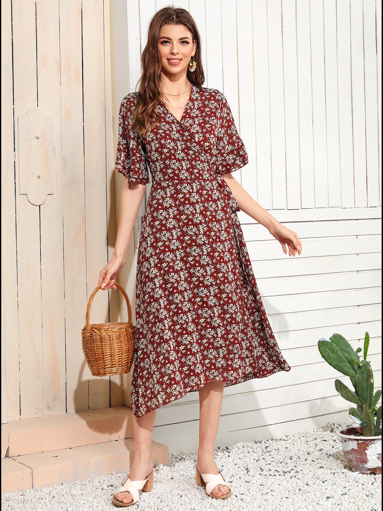Allover Floral Print Knot Side Wrap Dress