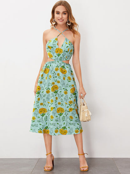 Floral Peekaboo Side Criss Cross Cami Dress