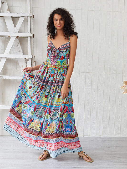 Tie Front Fold Pleat Tribal Cami Maxi Dress