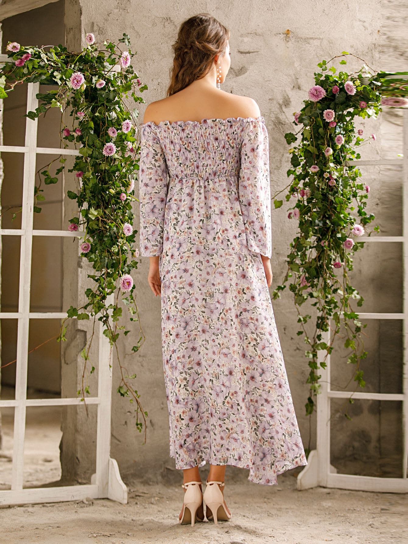 Allover Floral Frill Shirred Bardot Dress Amy s Cart