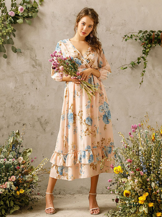 Floral Surplice Front Ruffle Hem Long Dress