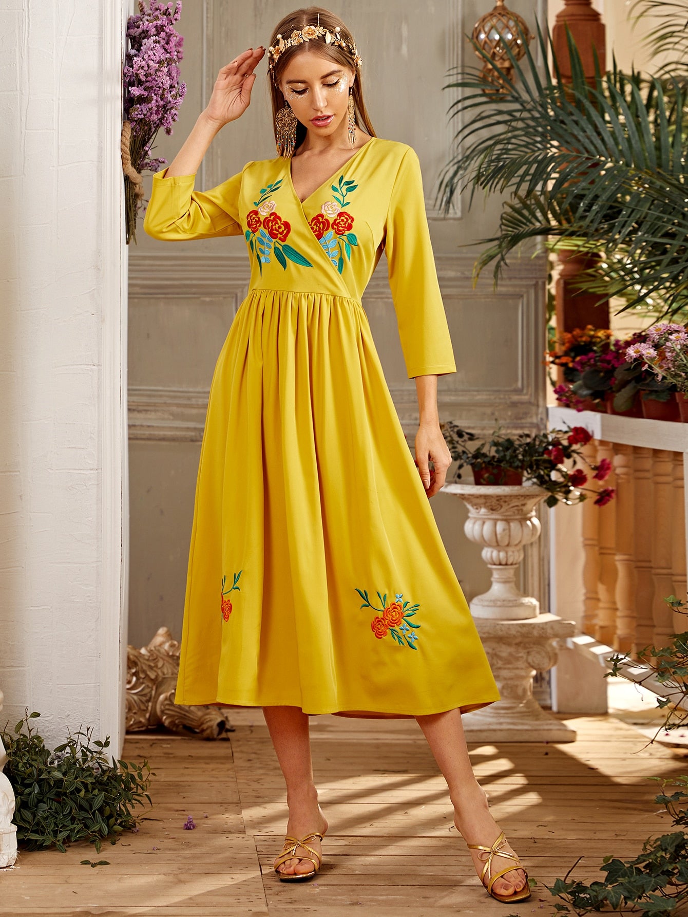 Floral Embroidery Surplice Front Dress