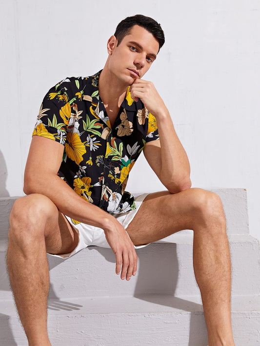 Men Button Front Floral Print Shirt