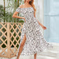 Ditsy Floral Print M-slit Hem Shirred Bardot Dress