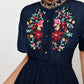 Floral Embroidery Stand Collar A-Line Dress