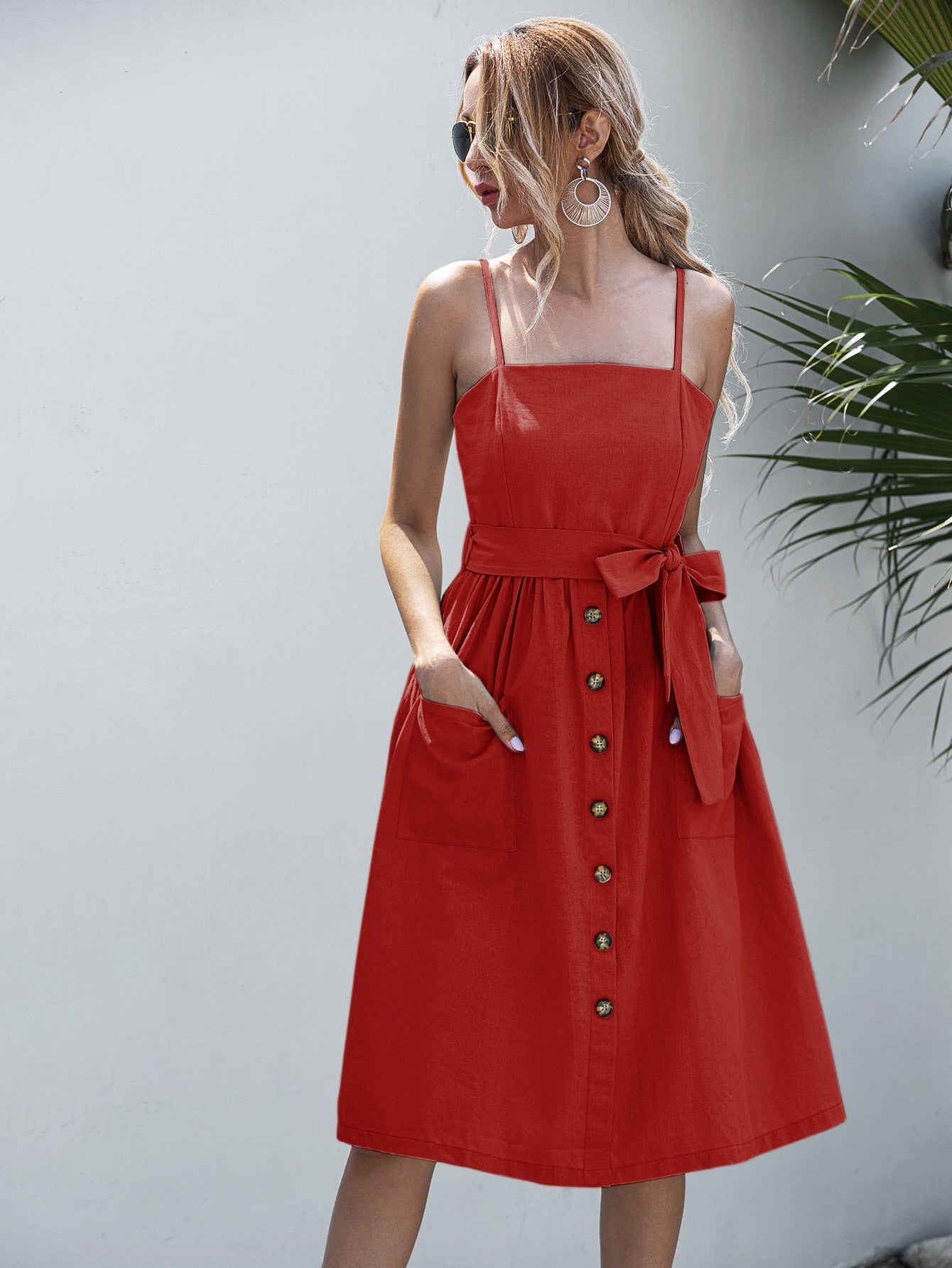 Button Front Belted Cami Dress