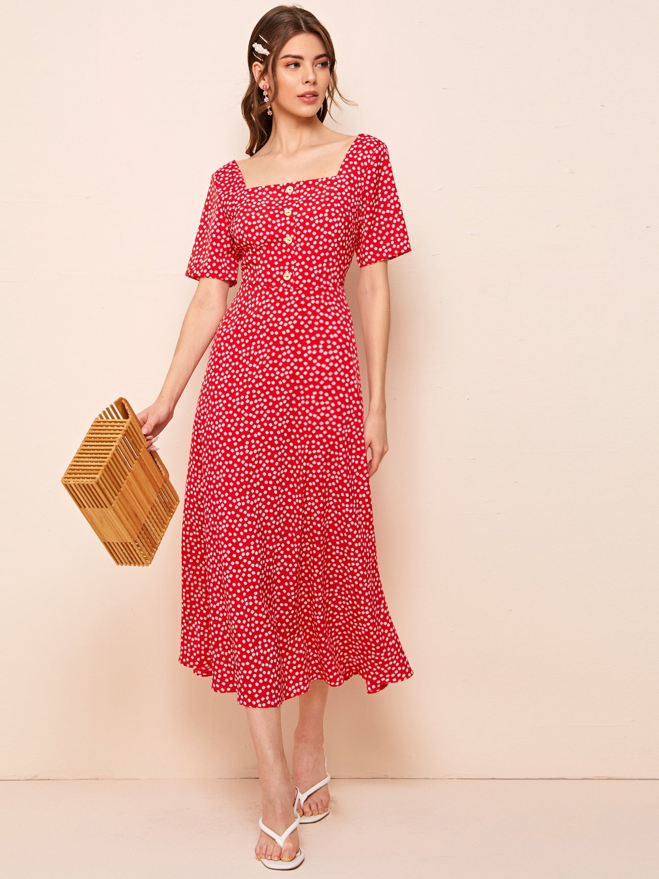 Square Neck Button Front Ditsy Floral Dress