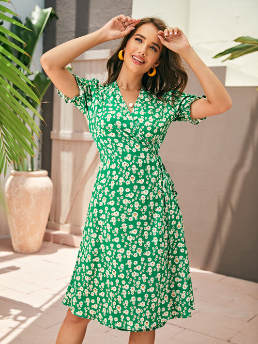 Ditsy Floral Surplice Front Belted Wrap Dress