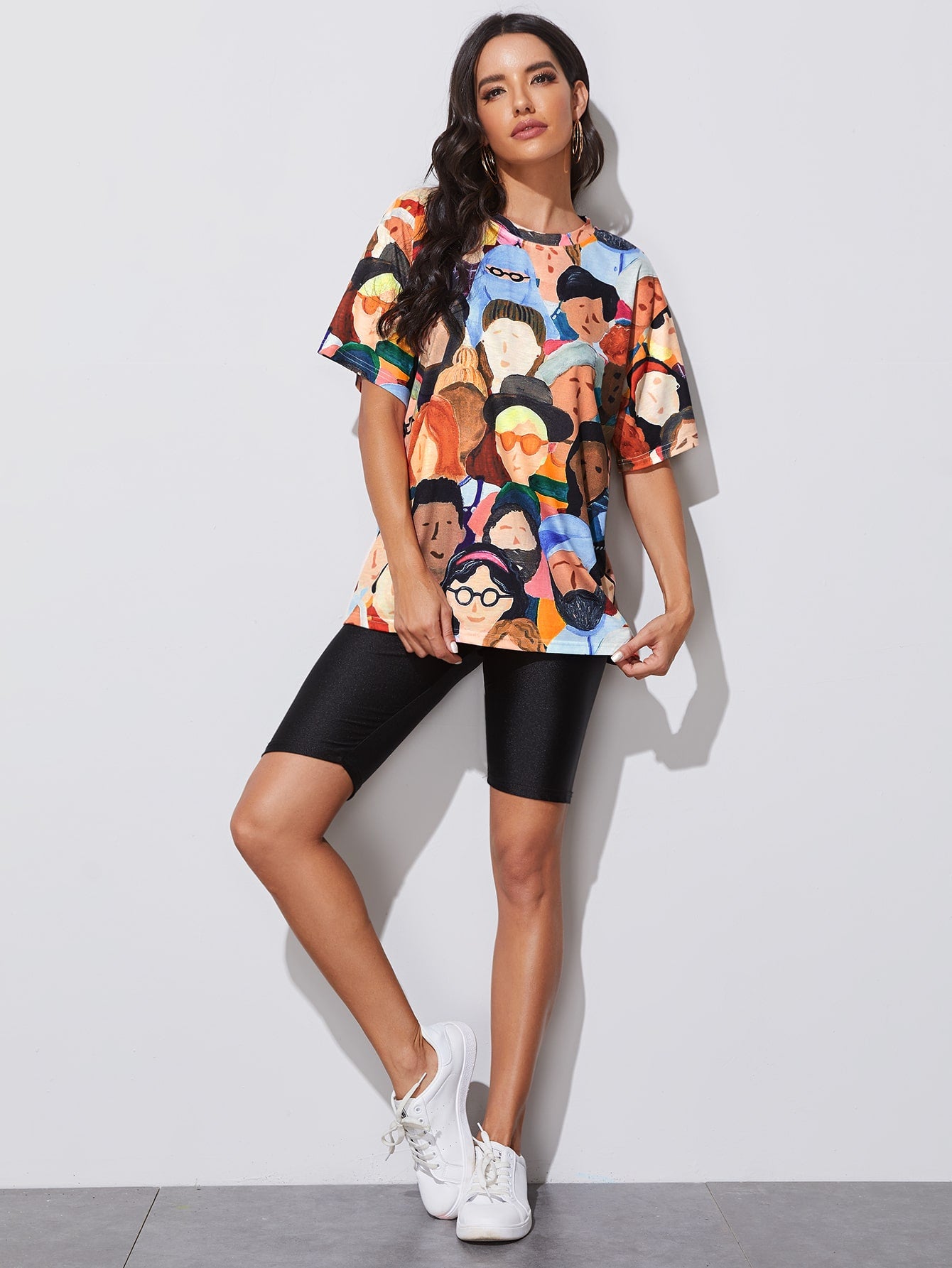 Allover Figure Print Drop Shoulder Tee