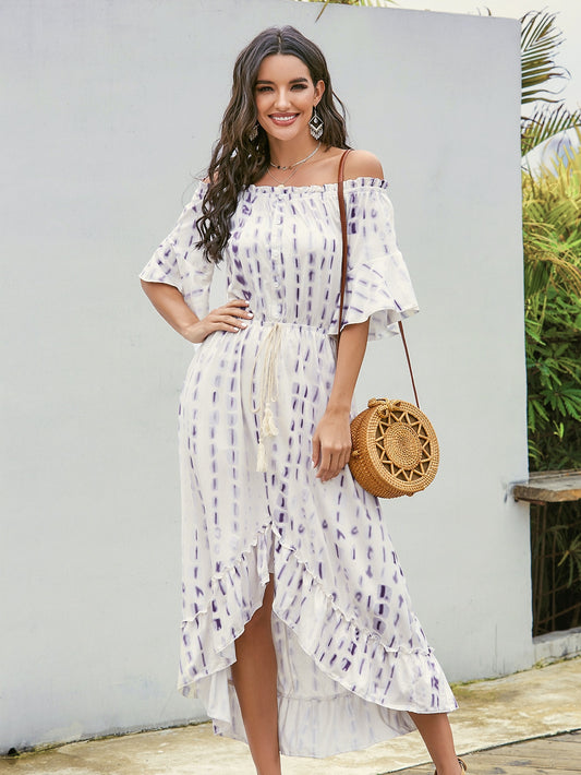 Tie Dye Drawstring Waist Asymmetric Bardot Dress