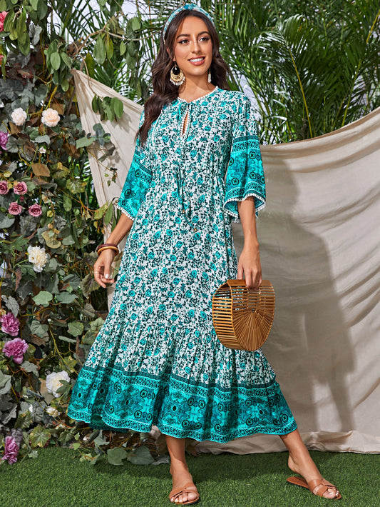 Floral And Tribal Print Tie Neck Dress