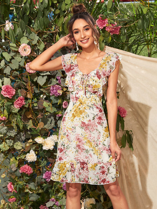 Tie Front Ruched Bust Ruffle Trim Floral Dress