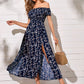 Ditsy Floral Print M-slit Hem Shirred Bardot Dress