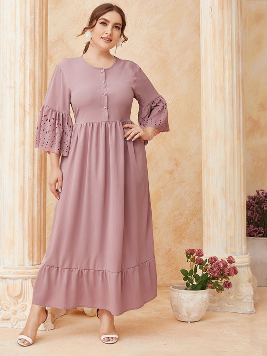Plus Laser Cut Sleeve Ruffle Hem A-line Dress