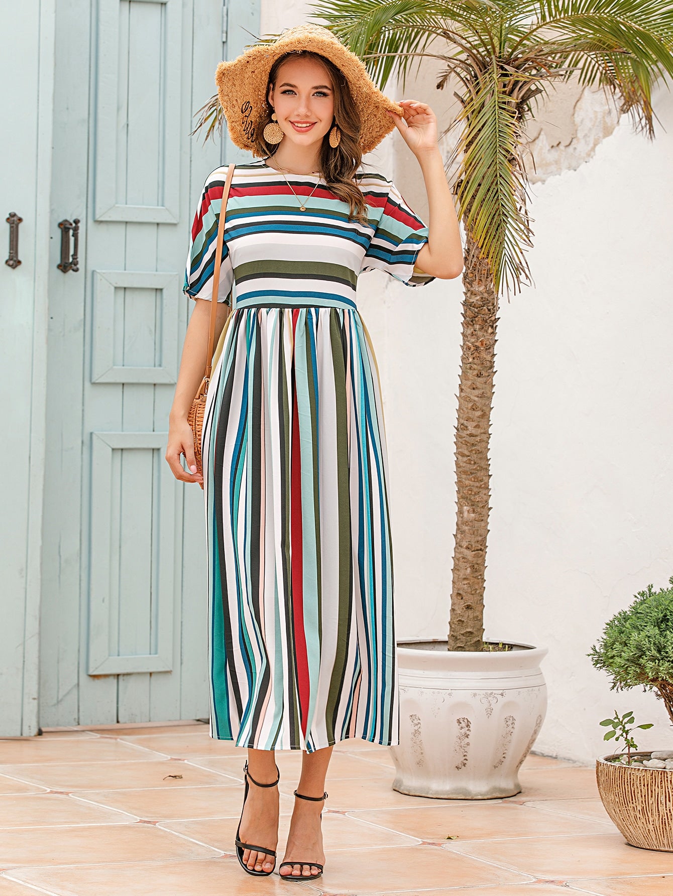 Multi-Color Striped Keyhole Back Long Dress
